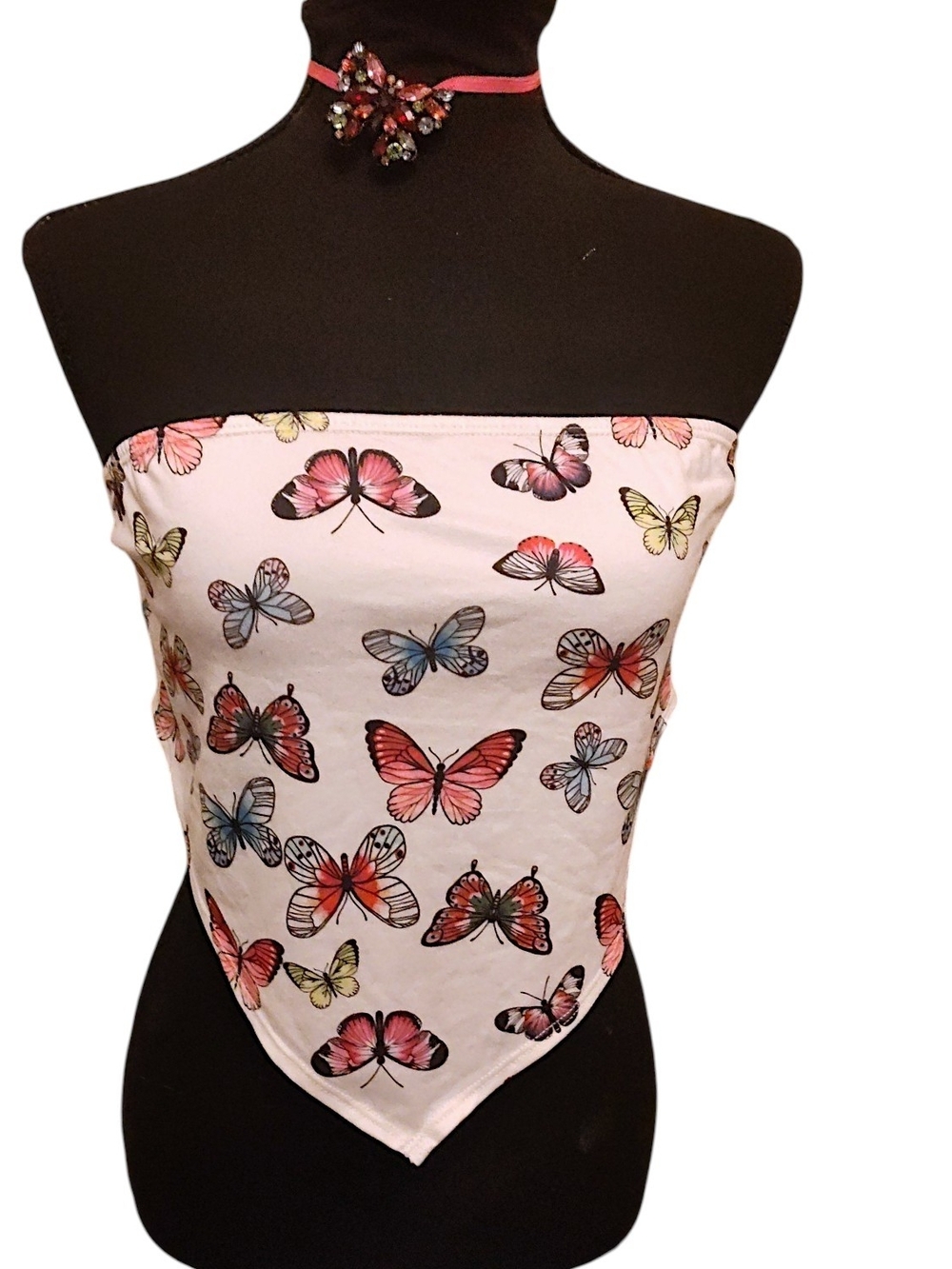 Women’s Pink Butterfly Print Strapless Crop Top
